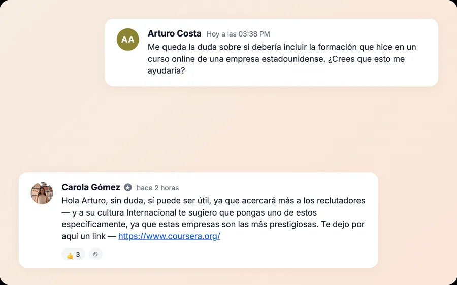Respuesta de Carola a una alumna en la comunidad