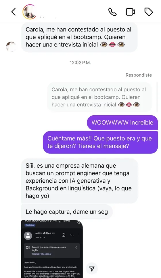 Entrevista u oferta conseguida por una alumna de Talma Academy