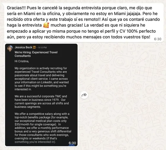 Entrevista u oferta conseguida por una alumna de Talma Academy