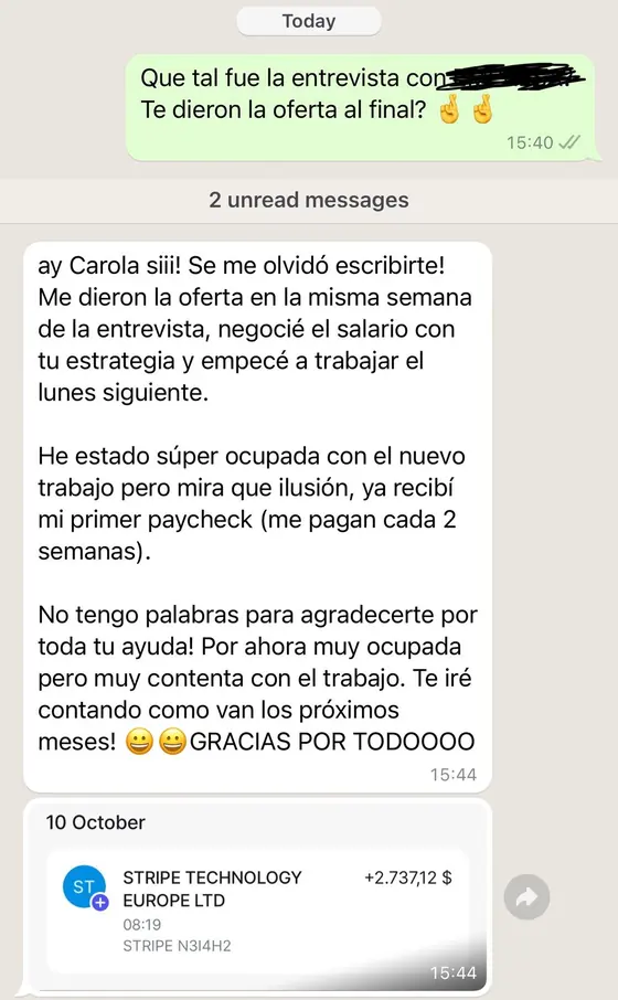 Entrevista u oferta conseguida por una alumna de Talma Academy