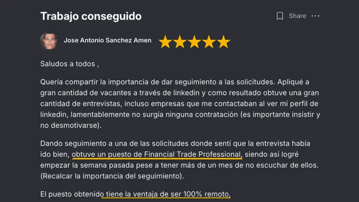 Mensaje de una alumna en la comunidad de Talma Academy