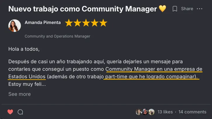 Mensaje de una alumna en la comunidad de Talma Academy
