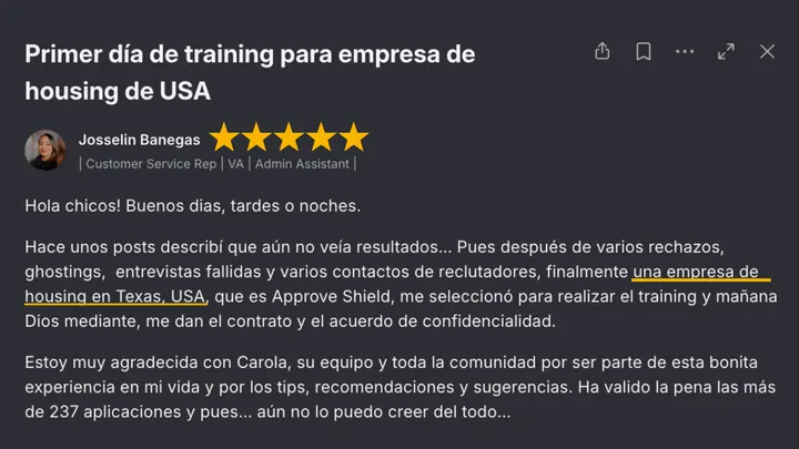 Mensaje de una alumna en la comunidad de Talma Academy