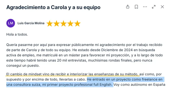 Mensaje de una alumna en la comunidad de Talma Academy